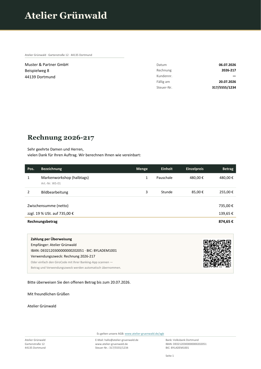 Beispiel einer Billfix-Rechnung mit eigenem Briefkopf, Positionen und GiroCode