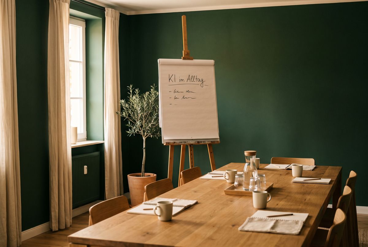 Symbolbild (KI-generiert): Schulungsraum mit Flipchart KI im Alltag, Notizbüchern und Kaffeetassen